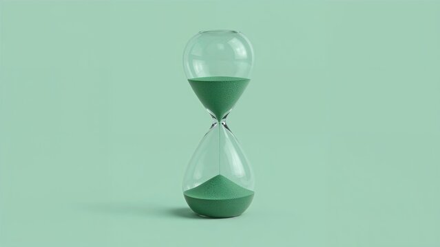 A 3D model of an Earth-themed hourglass with green sand, representing the pressing matter of global warming.