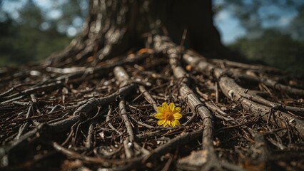 Yellow flower resting on the ground next to three pieces of wood in sharp focus