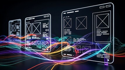 Wireframe interfaces glowing with colorful light streams digital technology