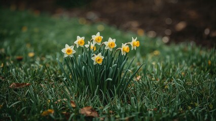 Fresh daffodil sprouts emerging in a seasonal flower patch