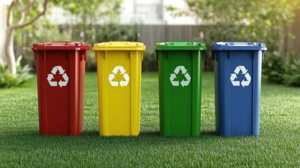 Colorful recycling bins organized in a green garden setting
