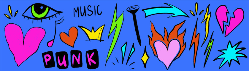 Doodle punk rock scribble set with heart, eye and crown. Sketch scribble doodle y2k punk element. Crayon vector hand drawn.