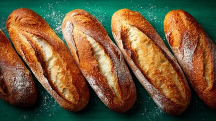 Freshly baked golden baguettes stacked on a rustic surface with green backdrop.