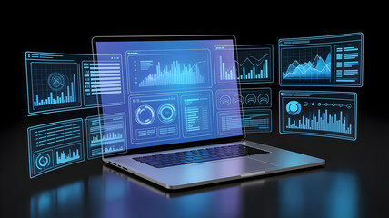 Data analysis laptop with graphs and charts for business intelligence and data visualization concept