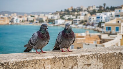Obraz premium A pair of pigeons resting on a stone barrier overlooking city buildings