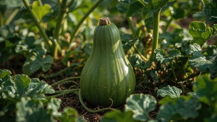 Among healthy plants, a striking green squash fruit displays prime development and exemplary horticultural skill.