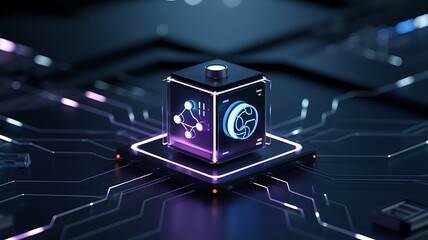 Futuristic glowing cube with abstract network and circular symbols on a dark circuit board technology