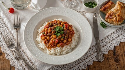 Hearty chickpea and dry bean casserole accompanied by rice in a rustic dining arrangement