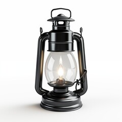 A vintage black lantern with a glowing flame inside, isolated on a white background