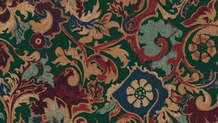 Luxurious carpet flooring featuring a mix of floral and swirl patterns in diverse colors.