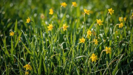 Vibrant yellow wildflowers blooming amidst lush green grass in a sunlit spring environment
