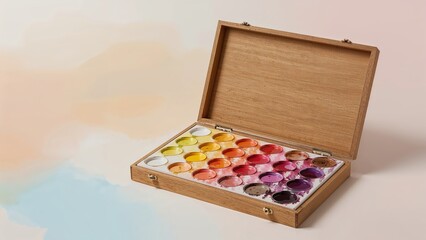 Artistic palette with watercolor paints against a blurred background