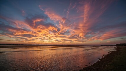 Obraz premium A magnificent dawn scene with eye-catching clouds above. Detailed illustration showcasing river floodwaters.
