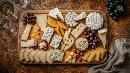 Assorted selection of cheeses including soft and hard varieties served on a rustic wooden board with grapes and nuts in an inviting arrangement