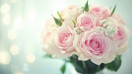 Obraz premium Elegant pink roses in a clear vase with soft background lighting