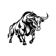 Fototapeta premium Bold black and white illustration of a powerful bull in a charging stance, ready to move.