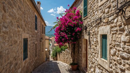 Fototapeta premium A narrow pathway between weathered stone walls, covered in colorful bougainvillea, leading towards rolling hills.