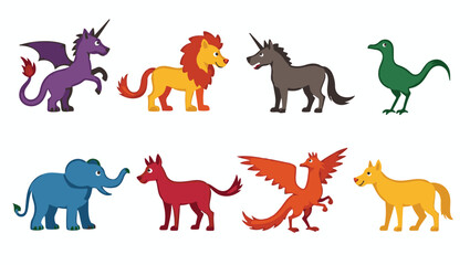 Colorful flat vector cartoon animal silhouettes collection – cute wild, domestic, aquatic, jungle, fantasy, and forest animals in minimalist kid-friendly style on white background