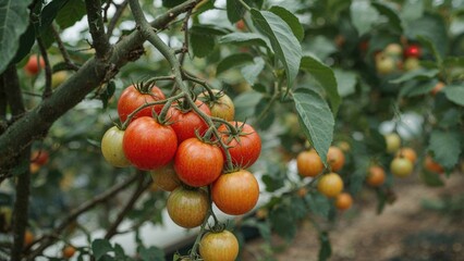 Bright red and green tomatoes growing on a branch with an out-of-focus background and ample space for text placement.