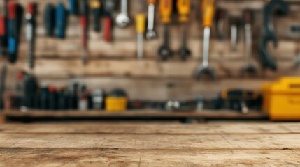 Craftsman tools neatly arranged on a wooden workbench in workshop space