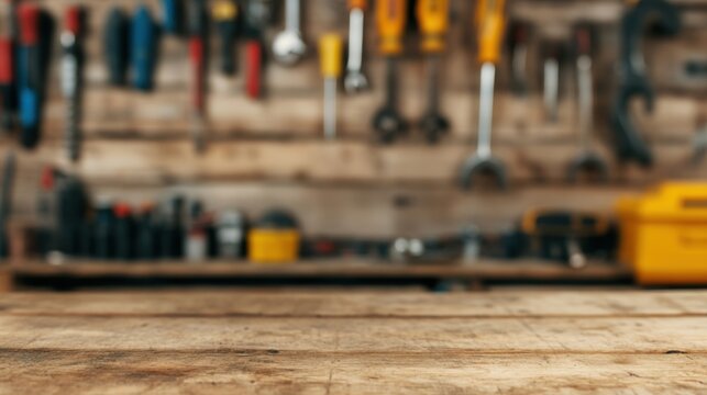 Craftsman tools neatly arranged on a wooden workbench in workshop space - Powered by Adobe