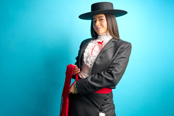 Studio portrait of a young woman proudly wearing a traditional chilean Huasa dress, complete with a stylish hat, patriotism	