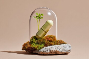 Premium Eco-Friendly Functional Supplement Capsule with Green Plant Growth Under Glass Dome on Natural Base for Modern Health Marketing Content