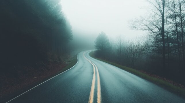 Winding road through foggy forest landscape on a dreary day in autumn