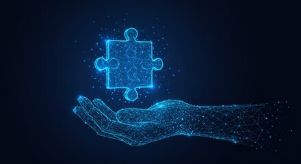 Hand Holding Puzzle Piece Digital Design with Blue Glowing Lines