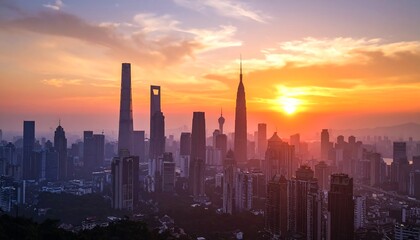 Fototapeta premium Sunrise over a sprawling city skyline