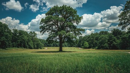 Obraz premium Summer landscape featuring trees, grass, and open sky