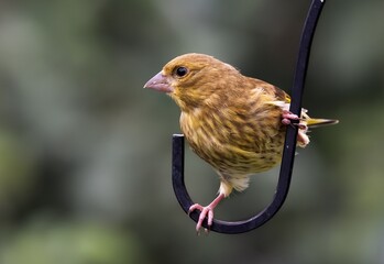 Close-up of a small brown bird on a metal hook.