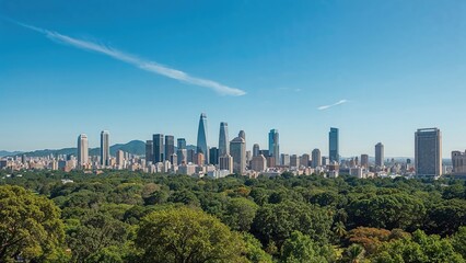 Clear skies highlight the city's tall buildings alongside the park's rich foliage