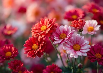 Obraz premium Beautiful blooming pink daisies in garden under soft morning sunlight, showcasing vibrant petals and fresh spring nature atmosphere.