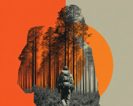 Double Exposure Silhouette of Person Walking in Forest at Sunset with Orange and Gray Tones