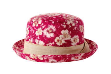 Floral, pink hat with tan ribbon