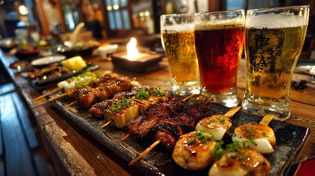 Draft beer and yakitori at a Japanese izakaya