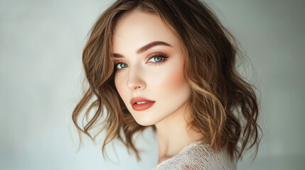 A woman with wavy brown hair and blue eyes, wearing a white lace top, poses against a neutral background.