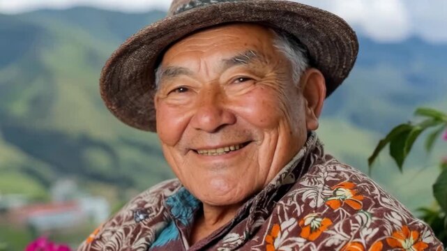 Elderly man wearing colorful patterned clothing and brown hat with smiling face outdoor portrait featuring mountain background