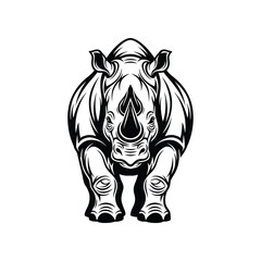 A detailed black and white vector illustration of a rhinoceros, facing forward with a powerful and imposing stance.