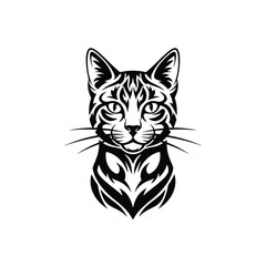 Obraz premium A stylized, symmetrical vector illustration of a cat's head and upper chest, featuring bold black and white tribal-inspired patterns.