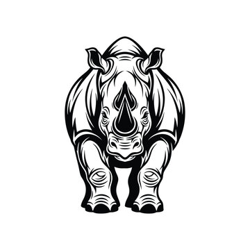 A detailed black and white vector illustration of a rhinoceros, facing forward with a powerful and imposing stance.