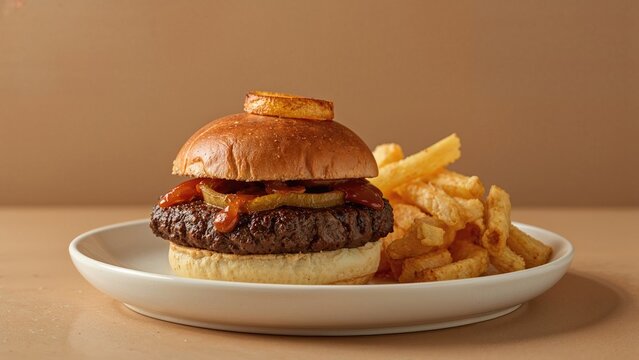 Charbroiled burger accompanied by onion rings, condiment, and French fries - Powered by Adobe