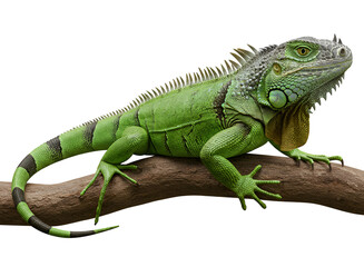 Green iguana perched on a branch isolated on transparent background