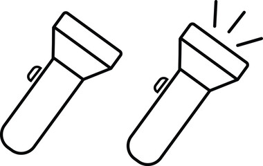 Hand torch flashlight set, black vector collection of electric lantern group in line style, portable light, battery lamp, emergency beam outline, glowing tool icon bundle