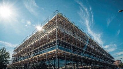 Fototapeta premium A refurbished building surrounded by scaffolding under clear summer skies