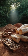 Authentic Rustic Eco Workshop with Hugelkultur Mounds and Tools in Forest Setting Premium Sustainable Lifestyle Content for Outdoor Marketing Campaigns
