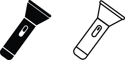 Hand torch flashlight set, black vector collection of electric lantern group in flat and line style, portable light, battery lamp, emergency beam outline, glowing tool icon bundle