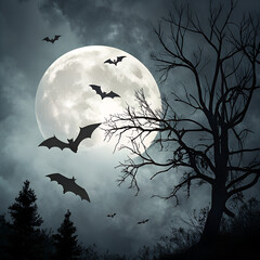 Fototapeta premium Mysterious night scene with bats flying under full moon and barren tree silhouette 