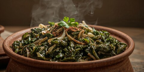 Fototapeta premium Steaming spinach and onion dish garnished with cilantro in a rustic earthenware bowl on a wooden surface